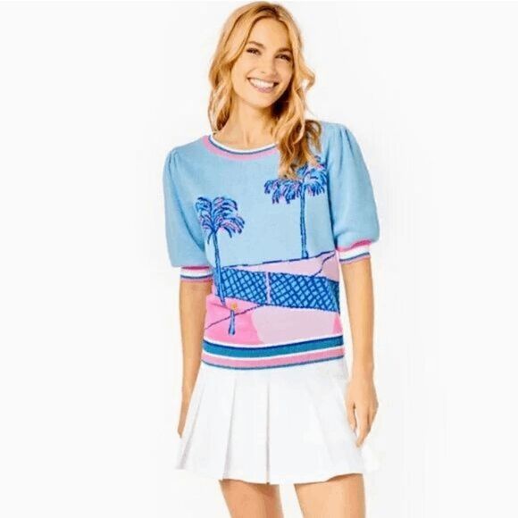 🌴🎾NWT LILLY PULITZER Short Sleeve Tennis Vivie Sweater SIZE M, L, XL MSRP $148 - Picture 2 of 16